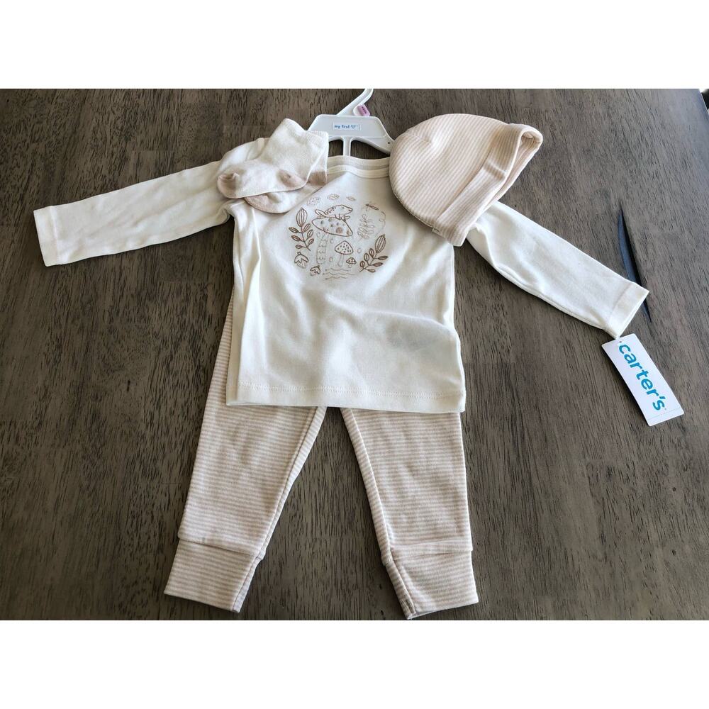 Carters Frog and Toadstool Embroidered Three Piece Tan and Cream Set - 9M